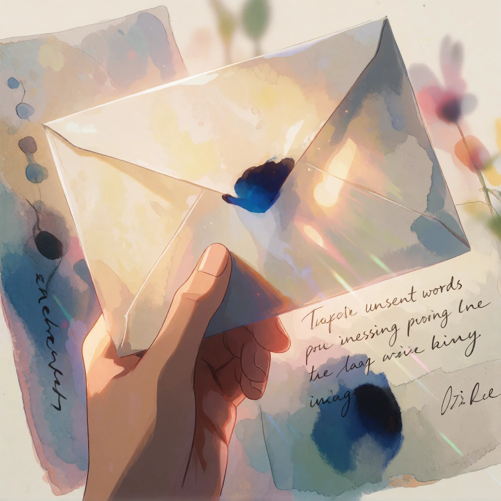 A trembling hand holds a sealed envelope in golden afternoon light, tears catching volumetric rays in Makoto Shinkai style. Soft watercolor backgrounds blur into memory. The letter glows faintly—unsent words pressing against paper like invisible weig