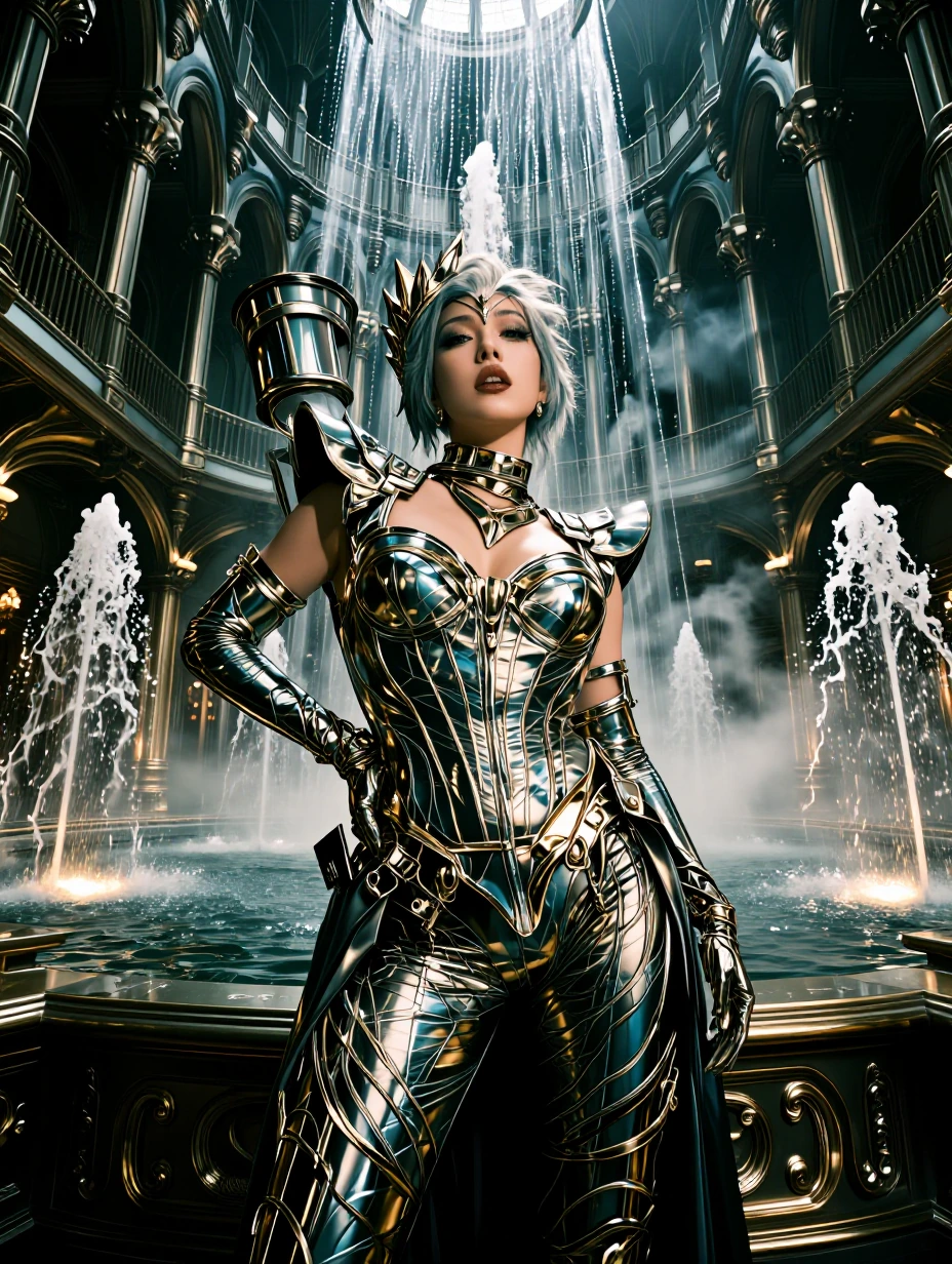 The Ultra-curvy Avant-garde Superstar singer dressed in rapier wit, posing in a shining metallic palace with liquid metal fountains, metallic makeup, powerful, Mercury, Venus