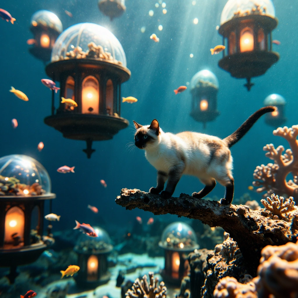 A siamese cat balanced on a coral branch in an underwater city of glass domes and floating doorways, with fish made of light swimming through air instead of water.