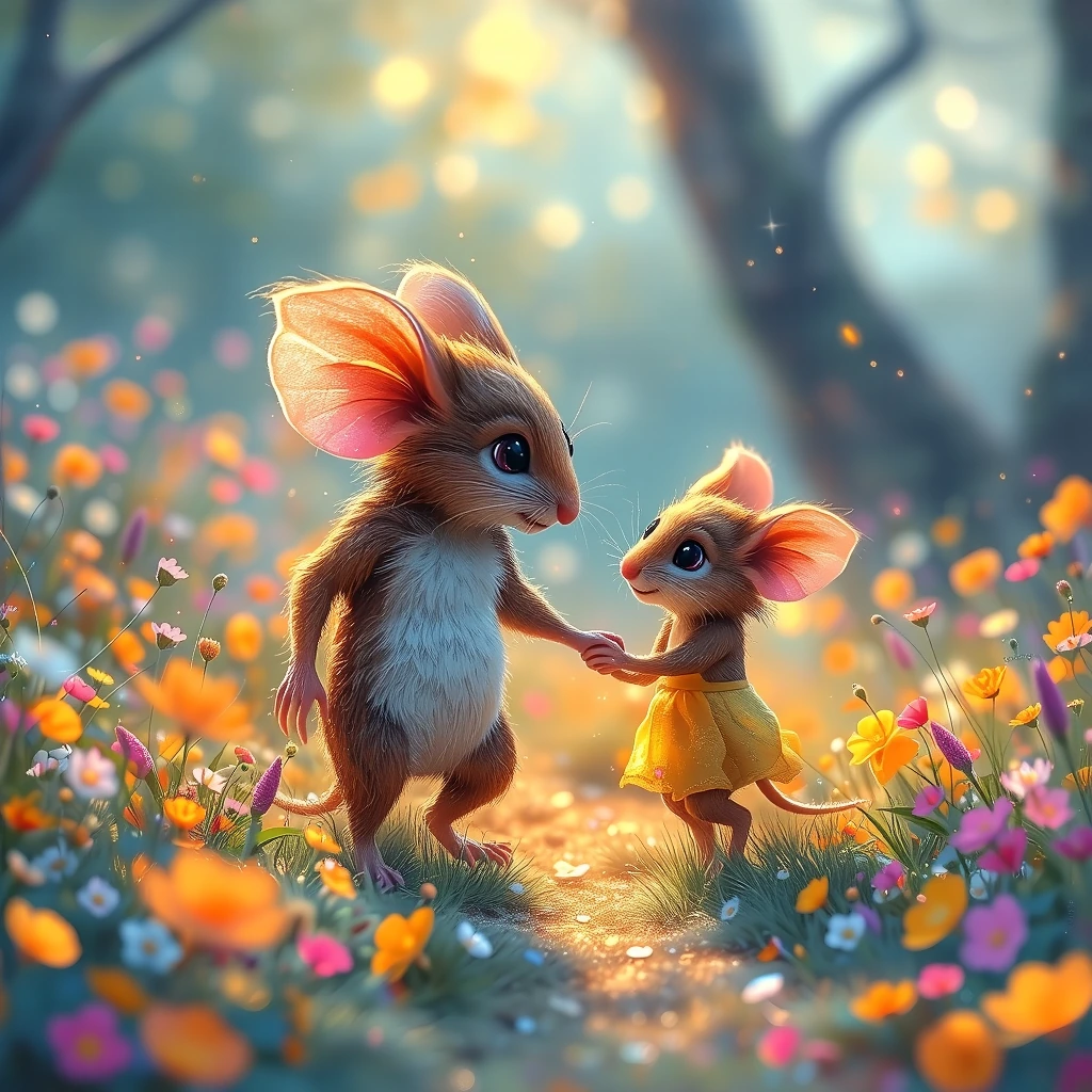 Felt Brambly Hedge boyfriend mouse holding girlfriend mouse's hand as they walk by a wildflower meadow.