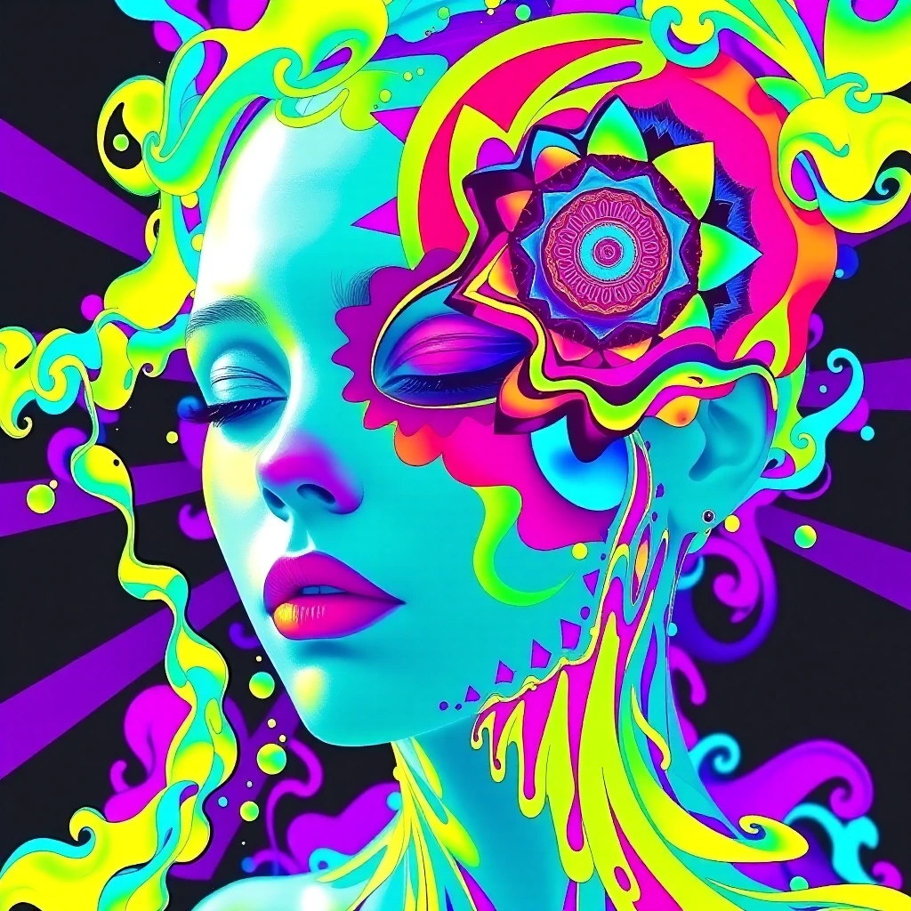 Woman with fractured, crystalline facial features melting into geometric shards of turquoise, magenta, and electric lime—her eyes replaced by spiraling mandala patterns that seem to rotate—rendered in the visual language of 1990s trance album artwork