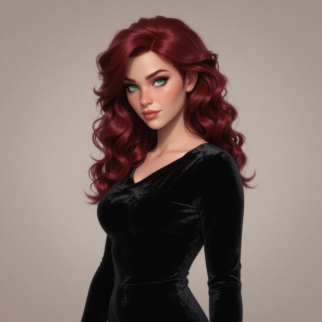 full body portrait of a strikingly beautiful woman with long deep red hair and emerald green eyes, w…