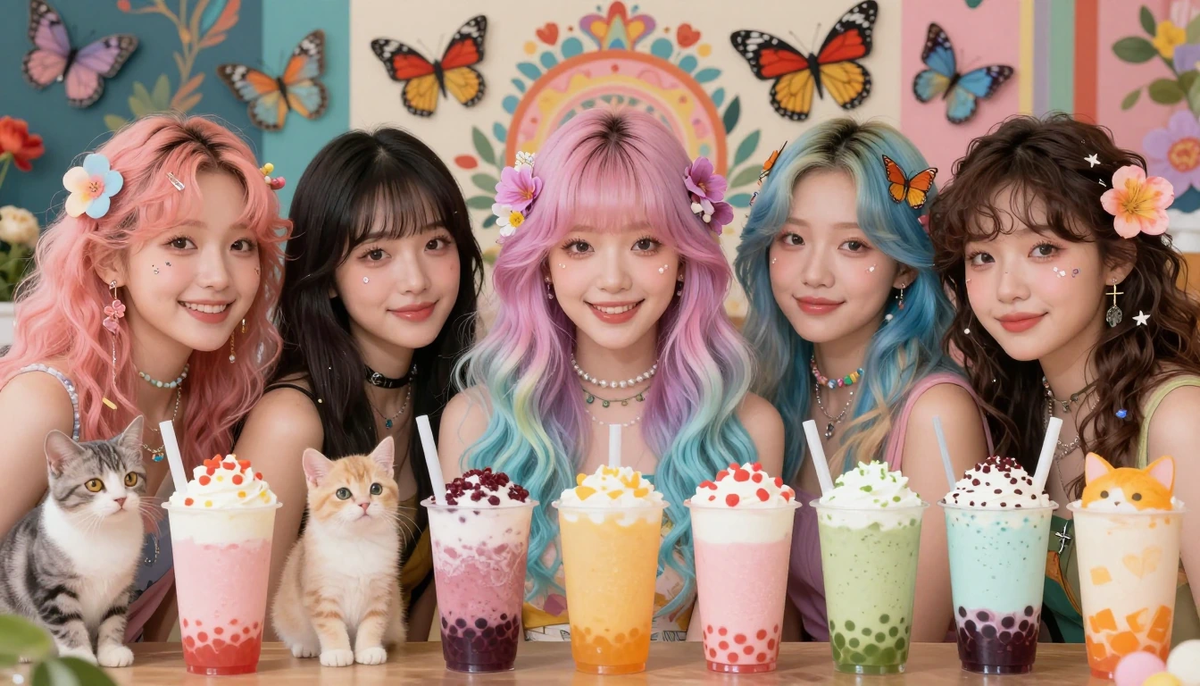 weirdcore happy floralpunk women variety of hairstyles and colors and cats in front of colorful boba drinks, light pastel ombre hair, artsy folk art background, butterflies overhead, photo realistic anime style, airbrush, artgerm