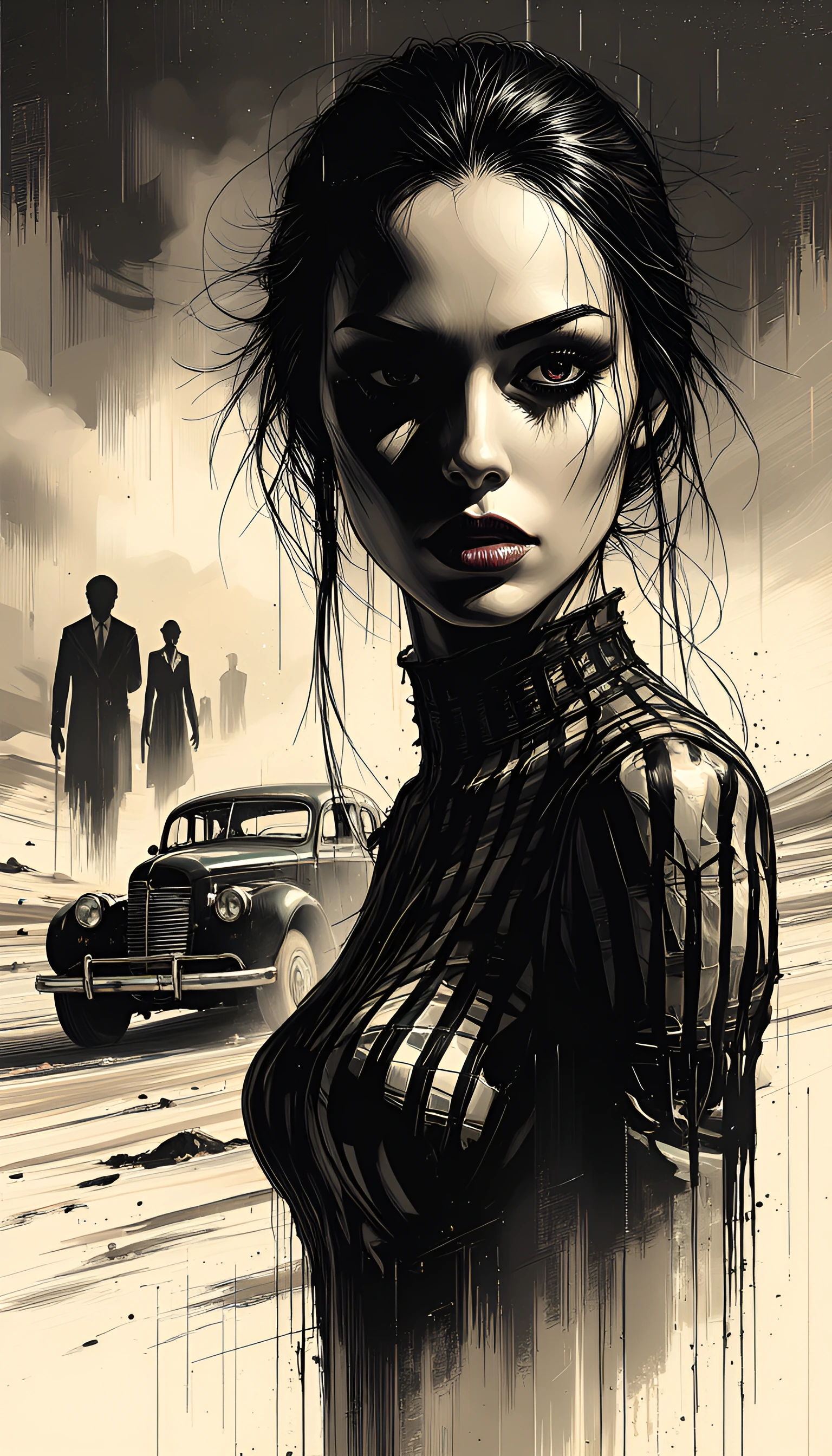 A cinematic-style wide shot, captured on black-and-white film. A young gothic woman with a pale complexion and dark, deep-set eyes. Her black hair is slicked back, and she is wearing a vintage shirt with black and white vertical stripes. In the backg