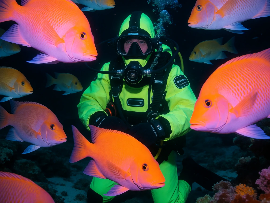 Adeepsea diver in a fluorescent underwaterworld filled withcolorful neon colored fish, heavy neon colored diving gear