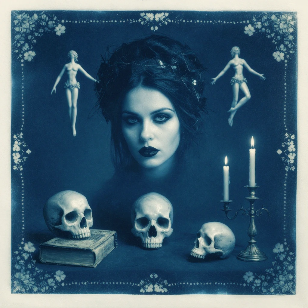 A high-resolution surrealist collage, in the form of a classic cyanotype, featuring its characteristic colour palette of deep Prussian blue and white. The composition consists of a border adorned with intricate floral motifs that frames a dreamlike s