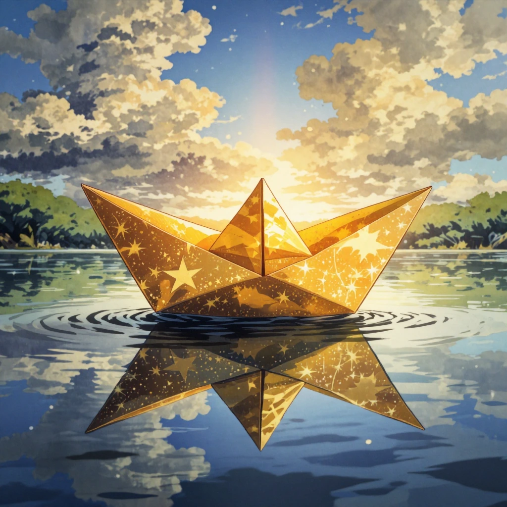 A delicate, golden origami boat rests serenely on the surface of calm, shallow water, its crisp folds catching the warm, golden light of either sunris