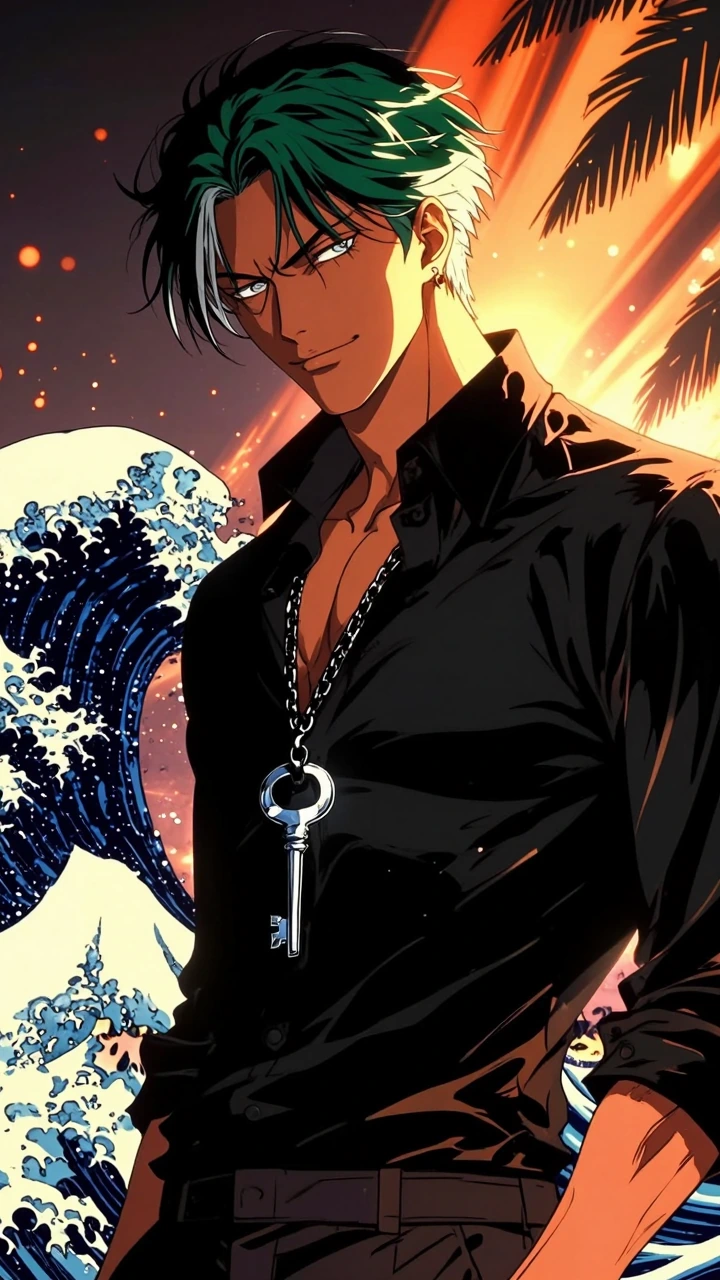 The Boss: tall, dominant, silent man with messy dark emerald green hair featuring sharp silver/white streaks, piercing metallic silver eyes, sharp jaw