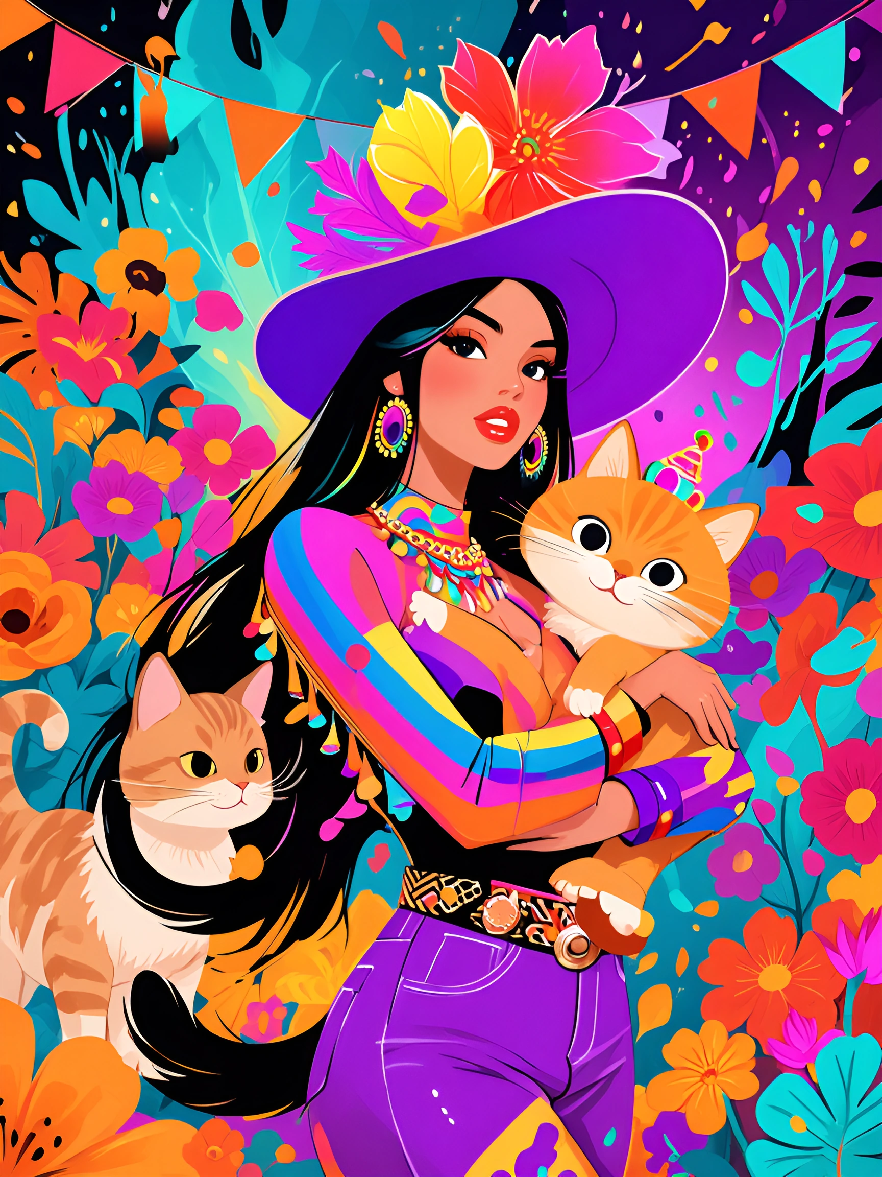 Beautiful woman with her cat springtime fun, Cinco de Mayo style
