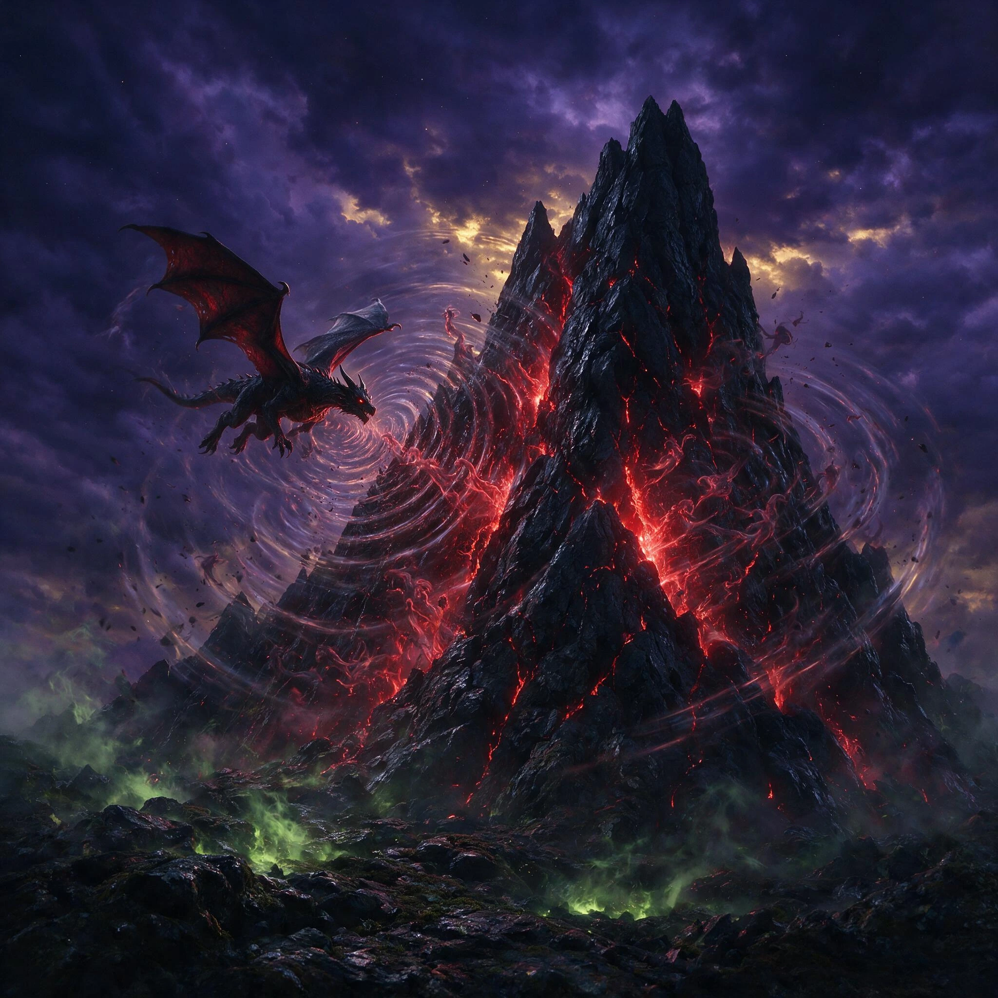 A black, jagged mountain rising against a deep purple stormy sky at dusk. The mountain emits low-frequency, visible sound waves – waves of air distortion that make the rock tremble and pulverise the stone. Luminous, malevolent fissures pierce the roc