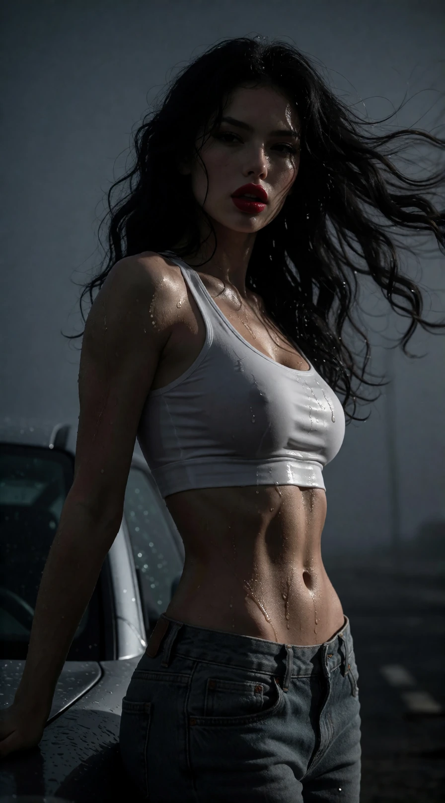 Tall slender young fitness model diva with full pouty crimson lips, sensual grey eyes, and wet lustrous wavy black hair blowing in the wind, highly defined muscle tone and prominent feminine curves with microscopic detail. She stands confidently next