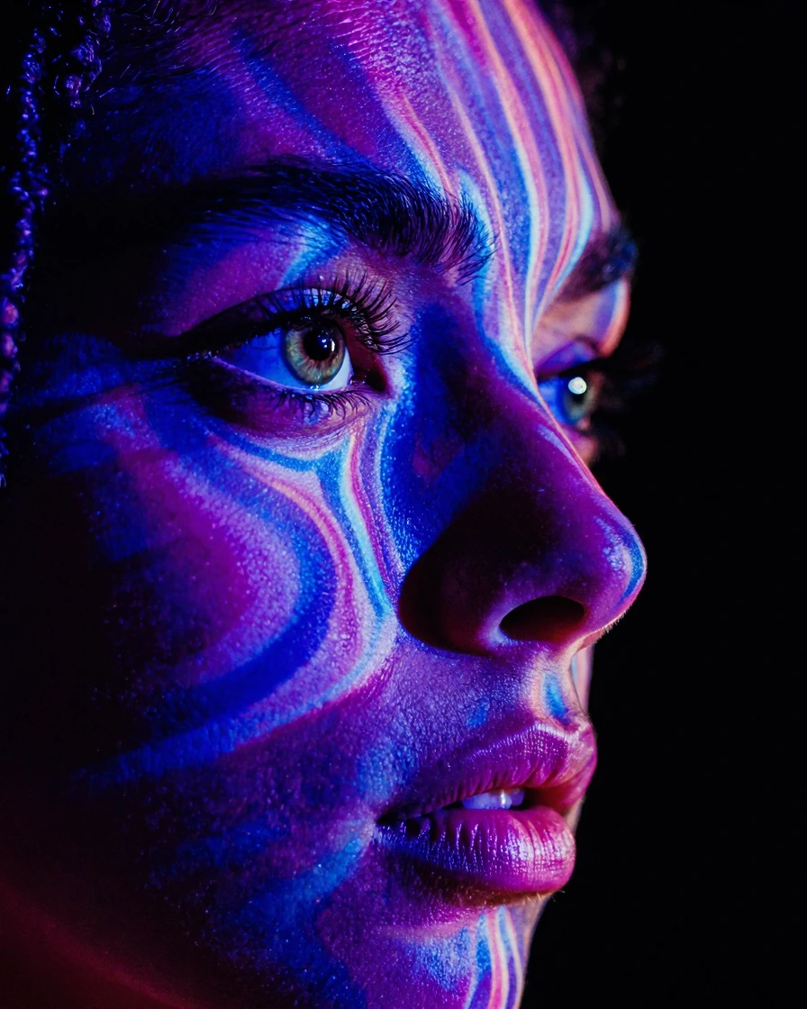 This is a highly dramatic, intensely colorful, and abstract close-up portrait, dominated by cool tones of blue and purple. The image focuses intimately on the eyes and upper facial features of a person, creating a mysterious and ethereal atmosphere. 