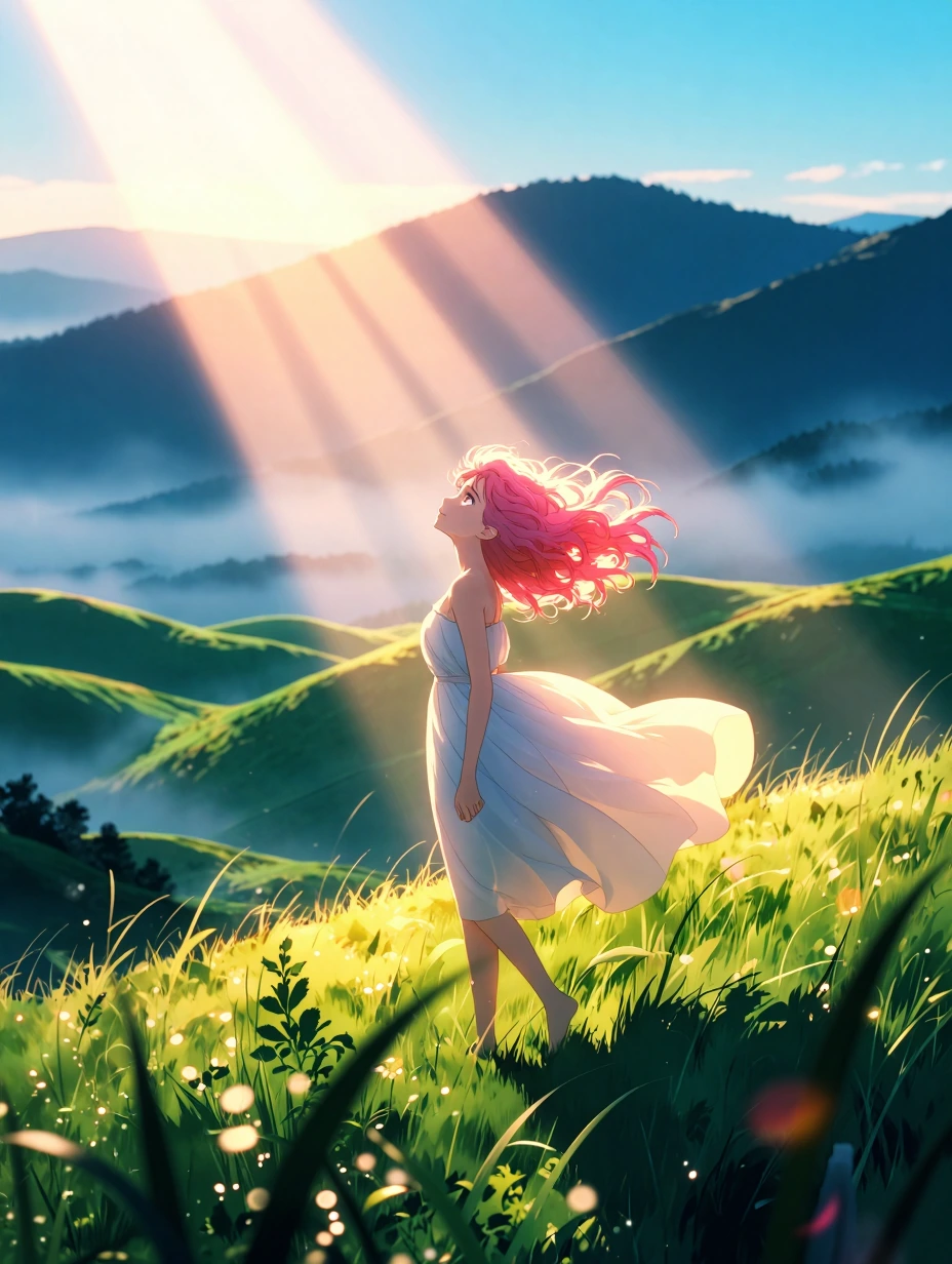masterpiece, best quality, absurdres, 8K, anime style, cel shaded, young woman with curly pink hair, ethereal expression, large expressive eyes, light