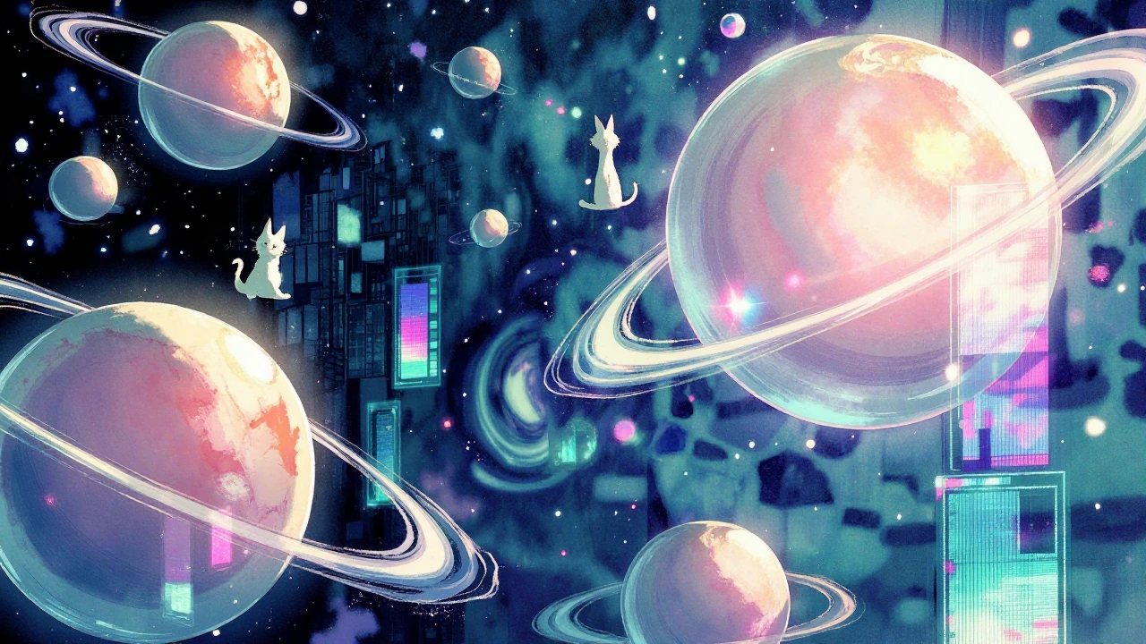 Planets, galaxy, swirls, cats, brush, strokes, colorful pastels