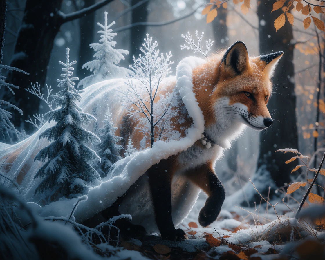 A majestic fox walking through a quiet summer forest, wearing winter itself like a magnificent coat. Its body is wrapped in a flowing mantle of snow, frost, icy branches and frozen pine trees, as if an entire winter landscape has grown naturally from