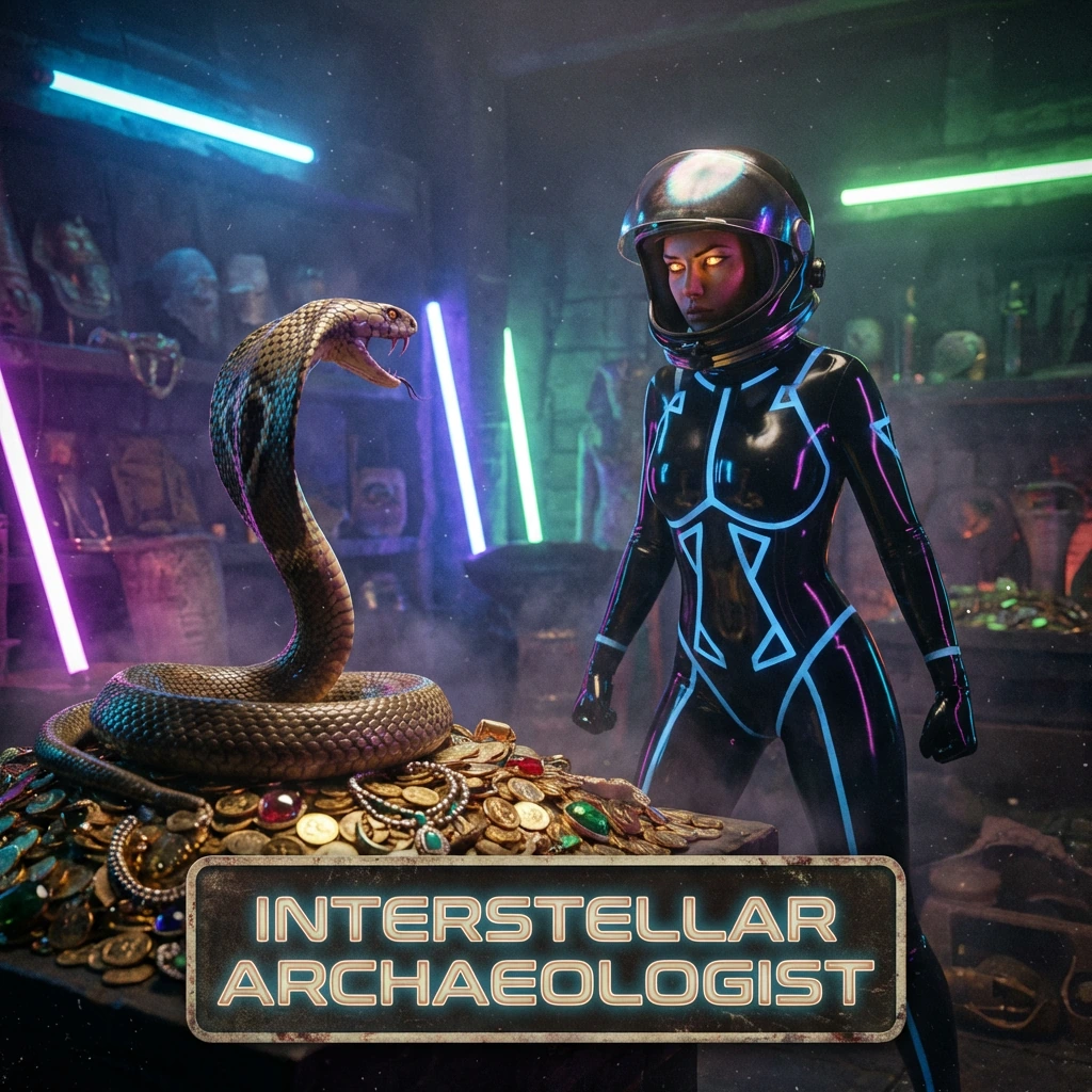 A king cobra coiled on a glittering mountain of gold coins and jewels, fangs bared towards a sleek alien woman in a glossy black latex spacesuit with strategic cut-outs, her glowing eyes narrowed in defiance, neon-lit treasure chamber background. Tit
