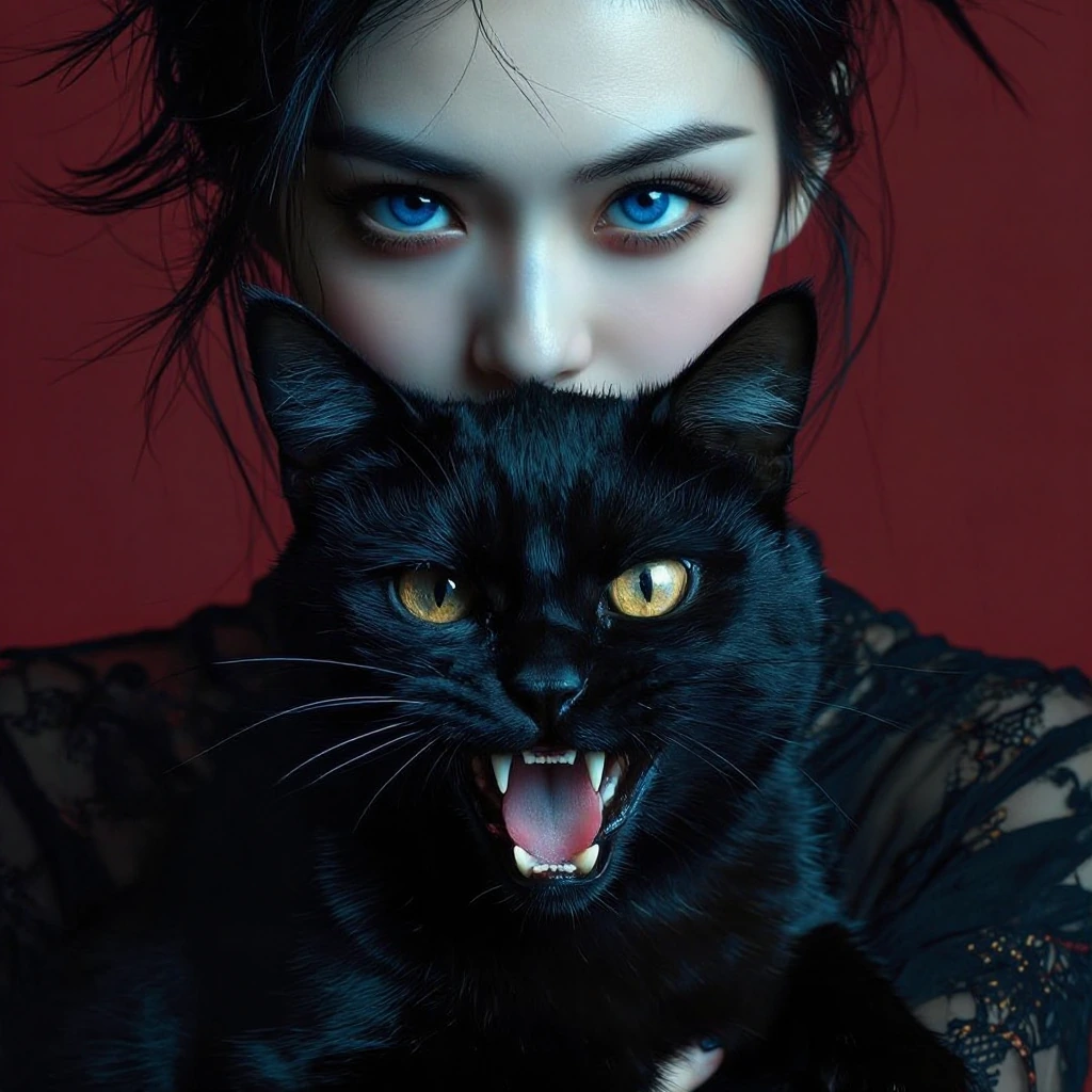 A striking close-up portrait of a remarkable woman with vivid, intense blue eyes and lips outlined in bright red, holding a black cat with a sleek coat close to her face. The black cat is in the foreground, looking aggressive, its mouth wide open, re