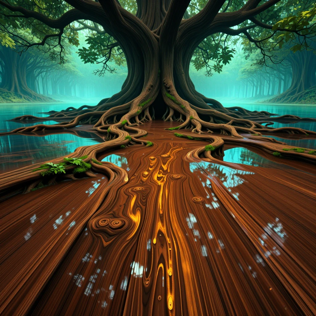 A dreamlike surreal environmental illustration of a colossal ancient tree rising from a shallow turquoise lagoon, its massive roots spreading across p