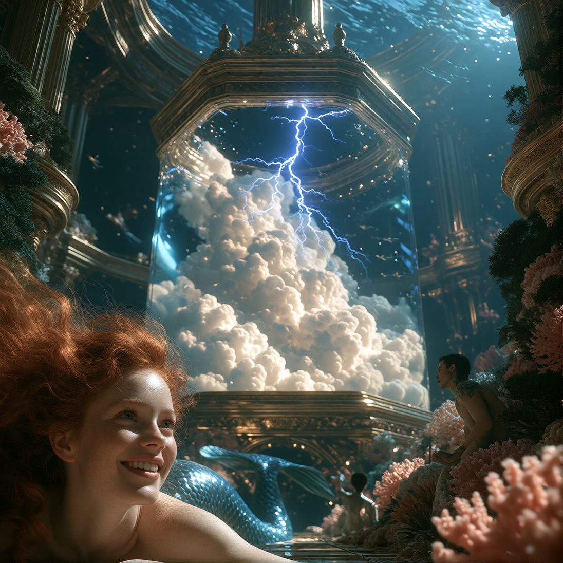 An Aquarium of Clouds; Underwater scene featuring Mermaids and Mermen who inside their sunken Atlantis Palace keep a large Hexagonal Crystal Tank filled with Lightning producing Thunder Clouds. Camera has an underwater filter. Redheaded Mermaid's rad