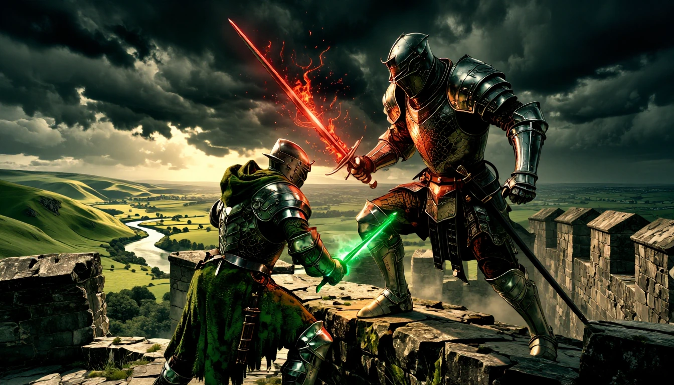 A weathered Elder Green Knight adorned in moss-covered armour clashes emerald-glowing swords with a towering Obsidian Knight in sleek runic-textured armour, his crimson blade radiating heat. The duel erupts atop a crumbling stone battlement under sto