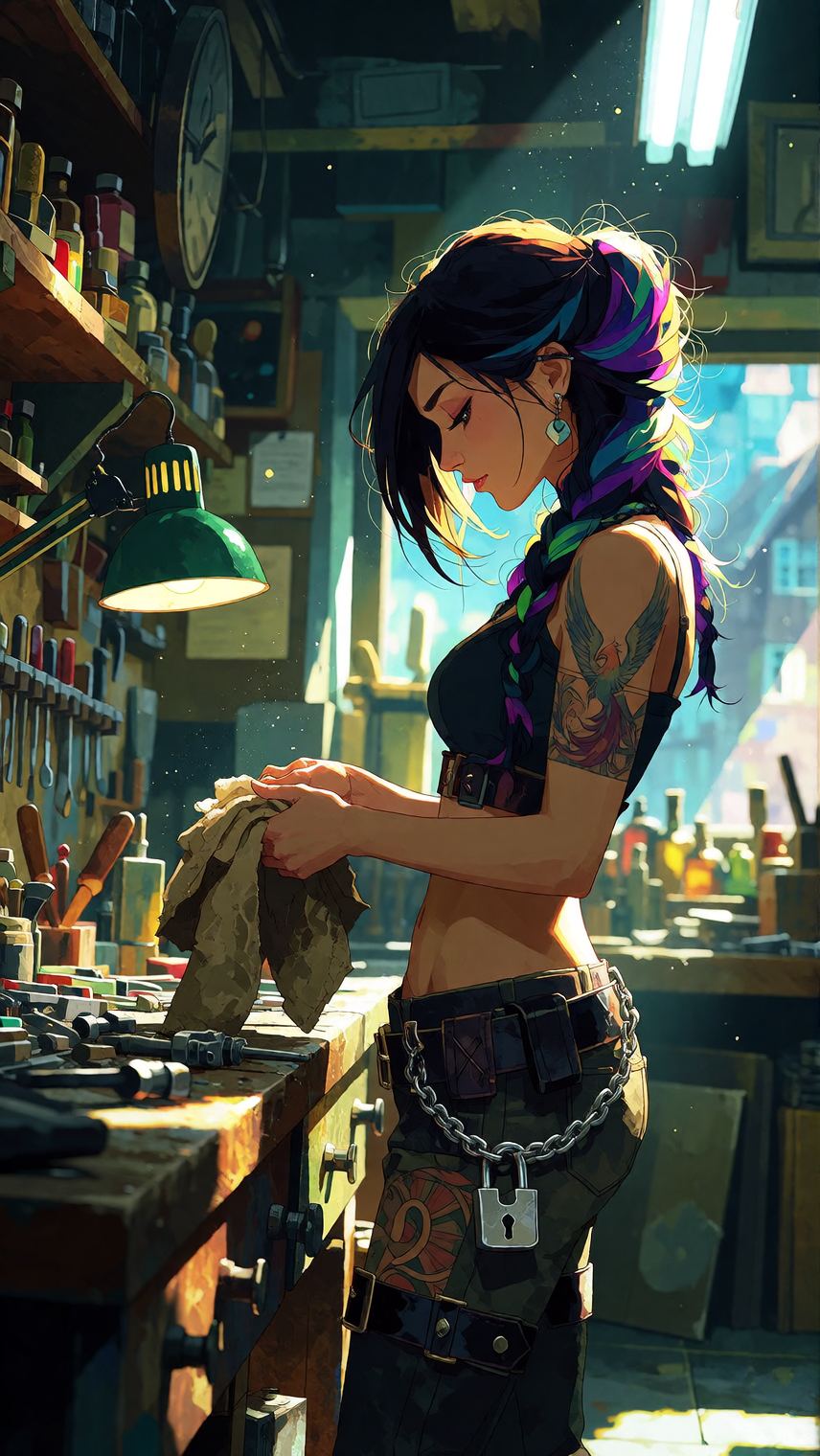 Rory in the shop at open, one hip against the workbench, wiping her hands on a rag while a half-disassembled tool sits under the lamp. Cropped black t