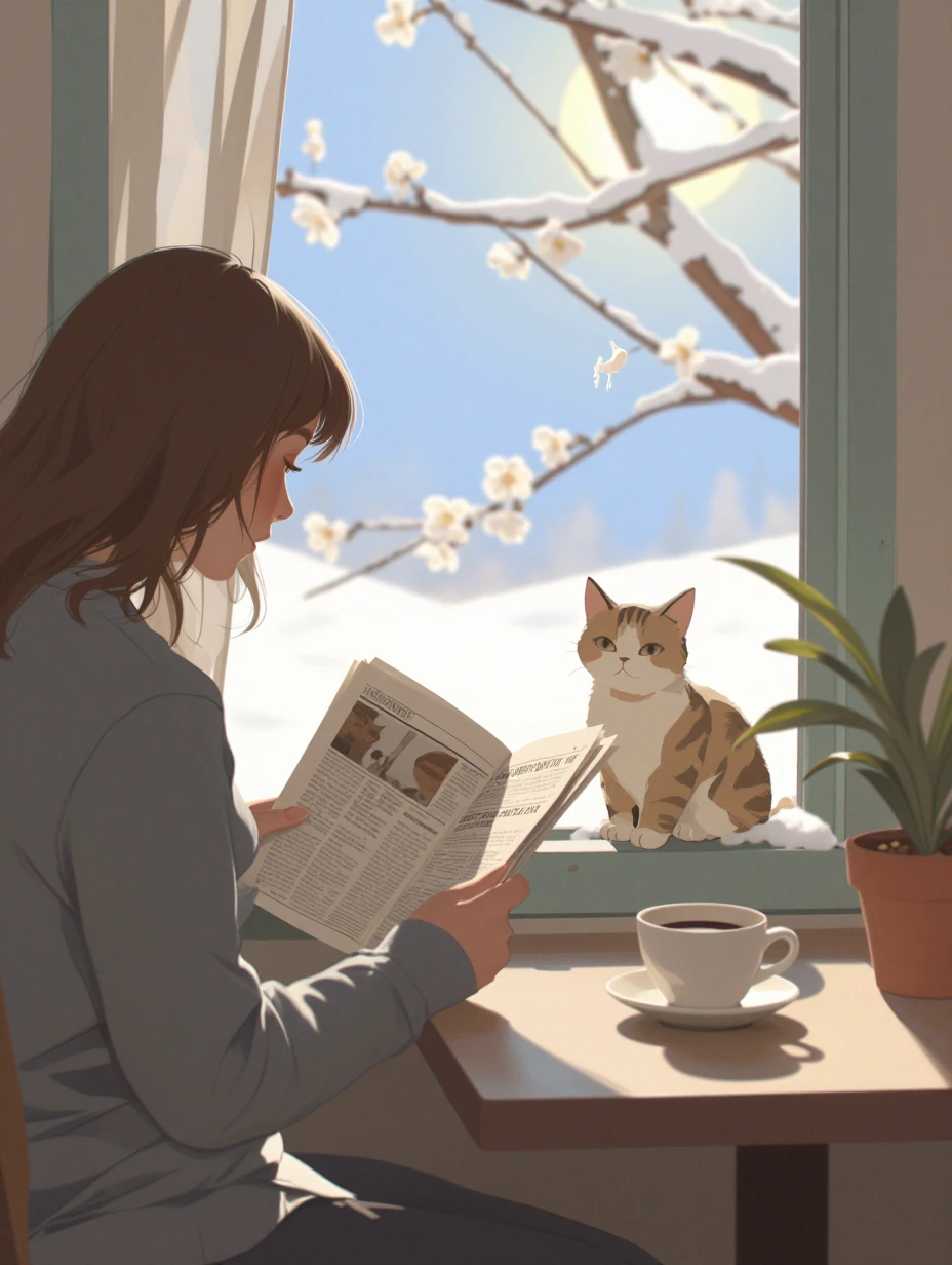 Cozy morning with my cat, newspaper, coffee, melting snow flowers sun springtime woman window illustration