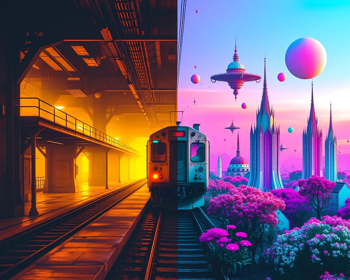 A train platform stretching horizontally between two worlds split down the middle: the left half bleeds into darkness with twisted metal scaffolding, sulfurous yellow light from below, geometric shadows, brutalist concrete cracked and stained, the ai