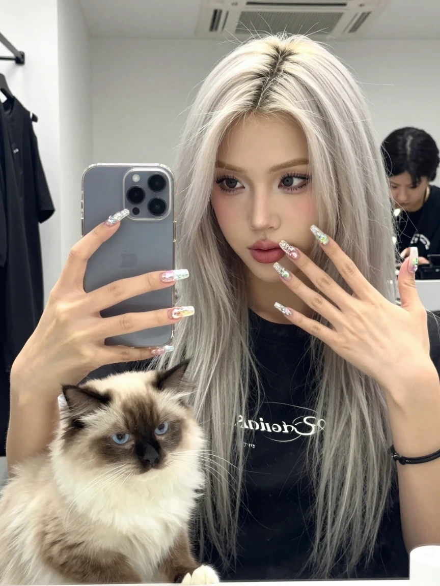 Crazy girlfriend Platinum hair taking a selfie while getting a manicure. Beautiful sparkly, colorful fingernails. Her cat is nearby, causing trouble in the beauty shop.
