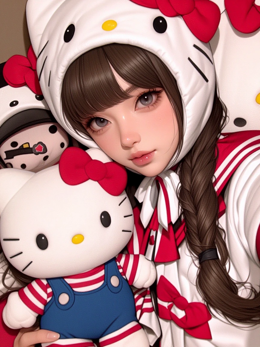 Hello Kitty cosplayer with her cat that is also dressed like hello Kitty