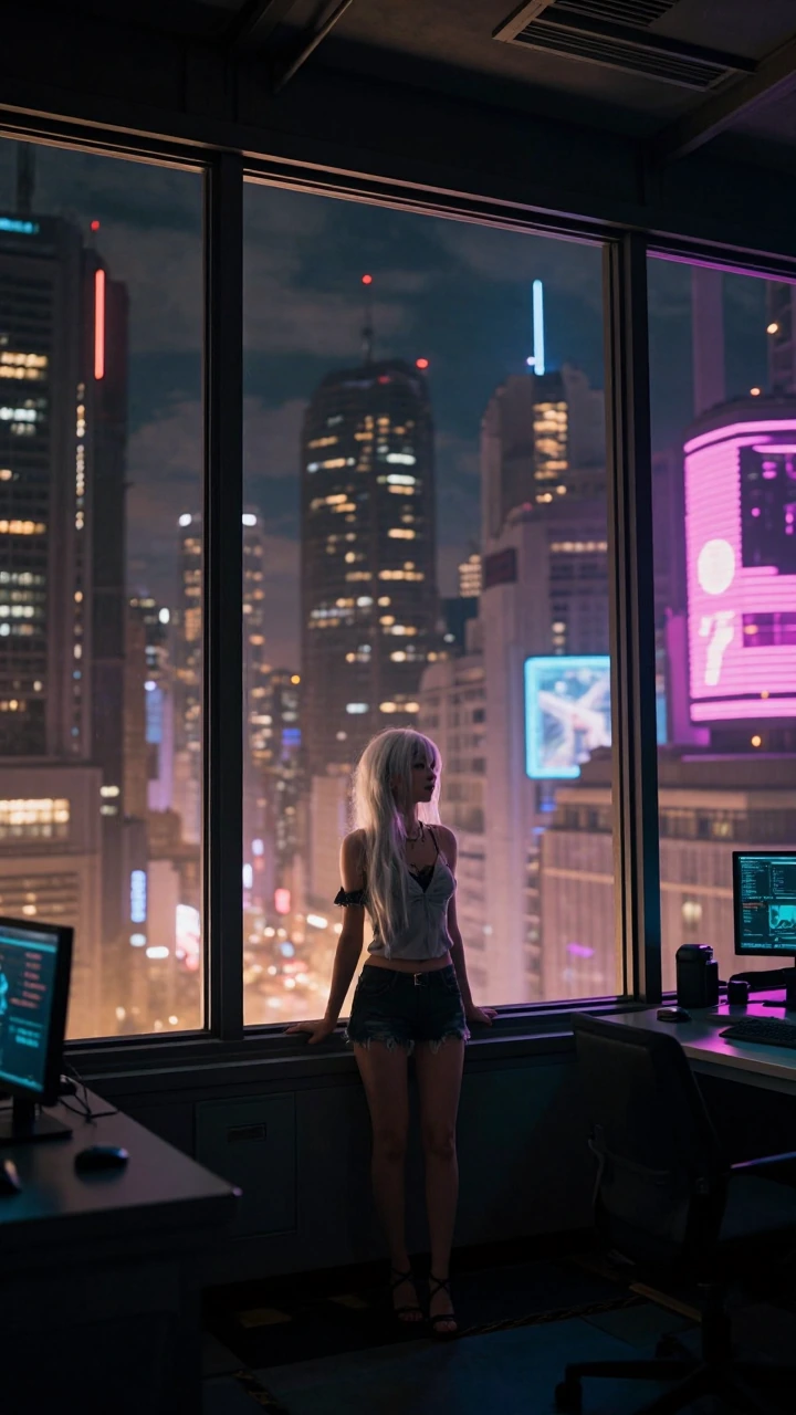 Charlotte standing in the control room looking out at the neon-lit cyberpunk city, catching her breath after the battle, exhausted but victorious, city lights reflecting in the windows, realistic daytime cyberpunk aesthetic, cinematic lighting with w