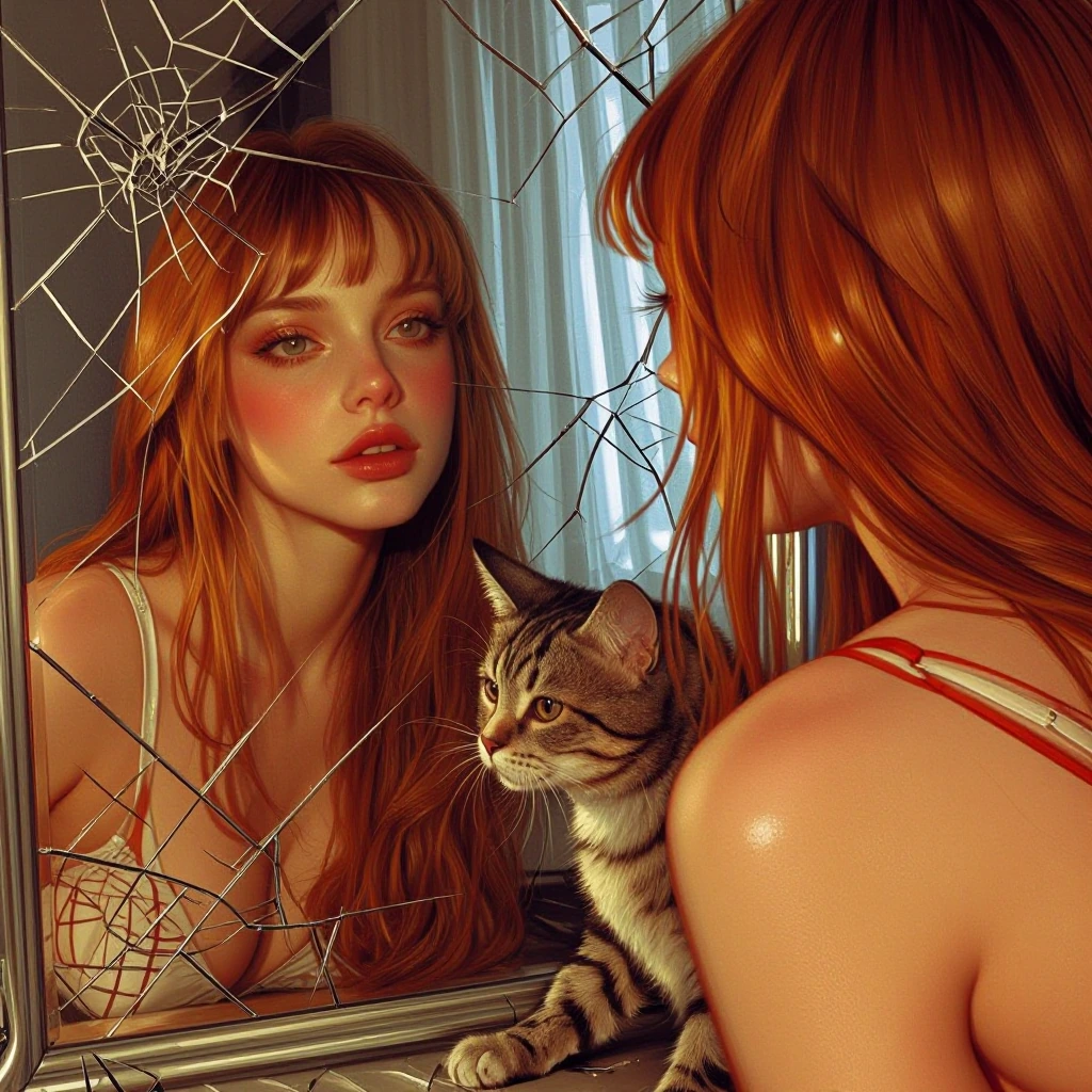 A beautiful woman with flowing hair gazes into a cracked mirror made of liquid mercury that ripples with iridescent colors, while a tabby cat emerges from the mirror's surface as if stepping through dimensions