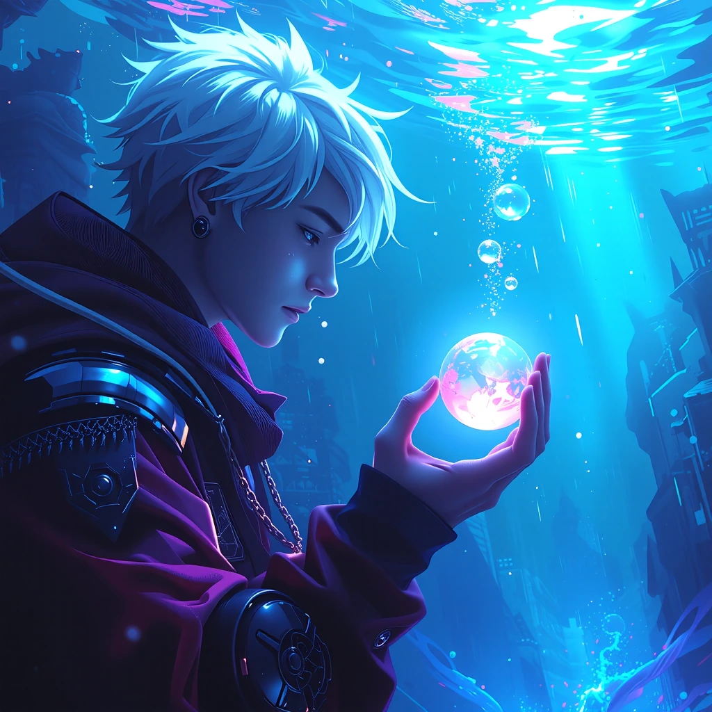 fantastical deep sea, crystal-clear glass-like underwater world, handsome young man with white hair, CG anime style, drifting slowly underwater, gazing at a pearl in his hand, soft glowing light, cinematic lighting, calm and quiet atmosphere, ultra d