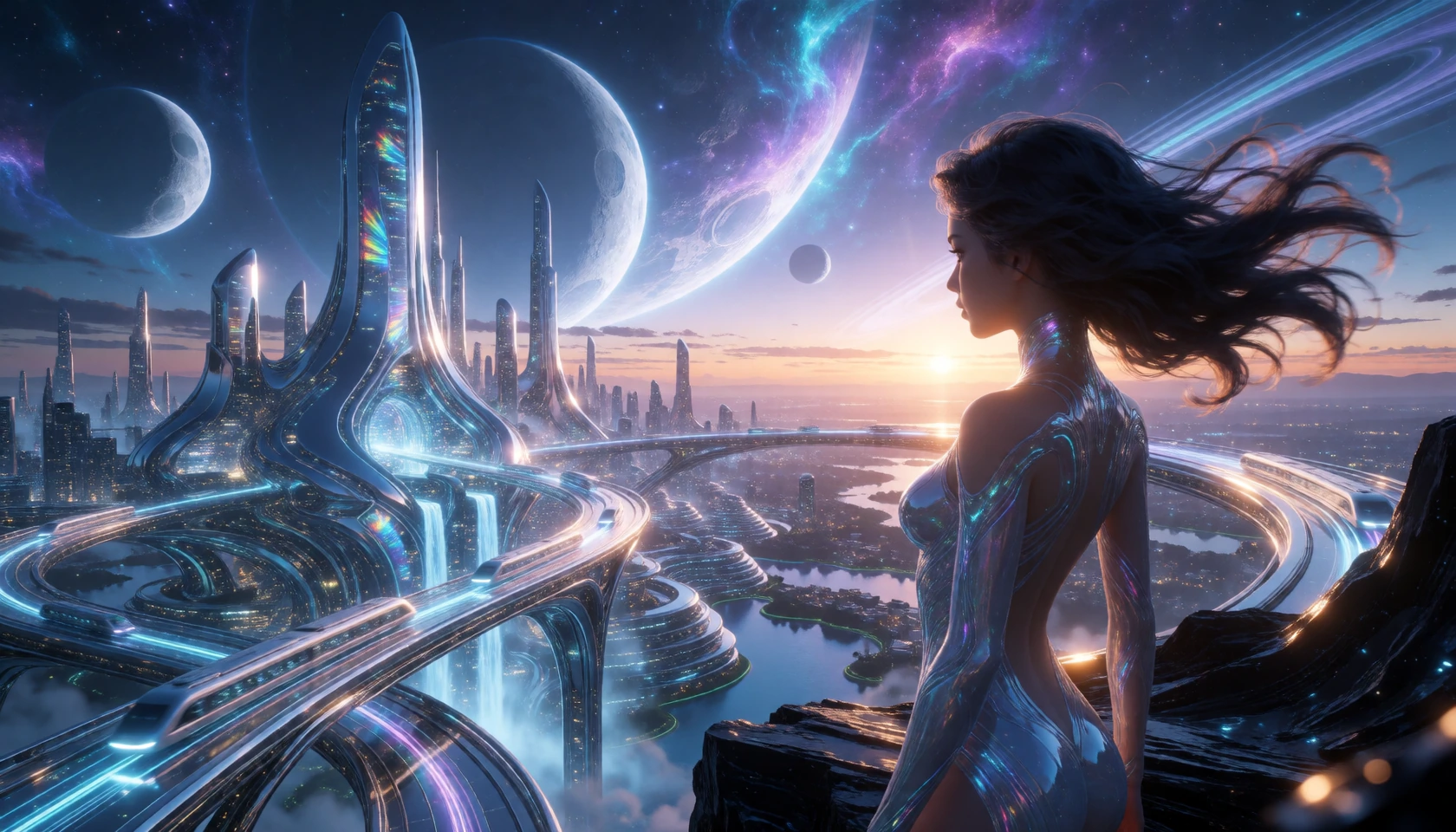 Capture a breathtaking alien metropolis at dusk, its skyline built from luminous chrome-alloy spires and curved glass megastructures that refract prismatic light across the valley. Thread elevated aqueducts of glowing liquid-light between the towers,
