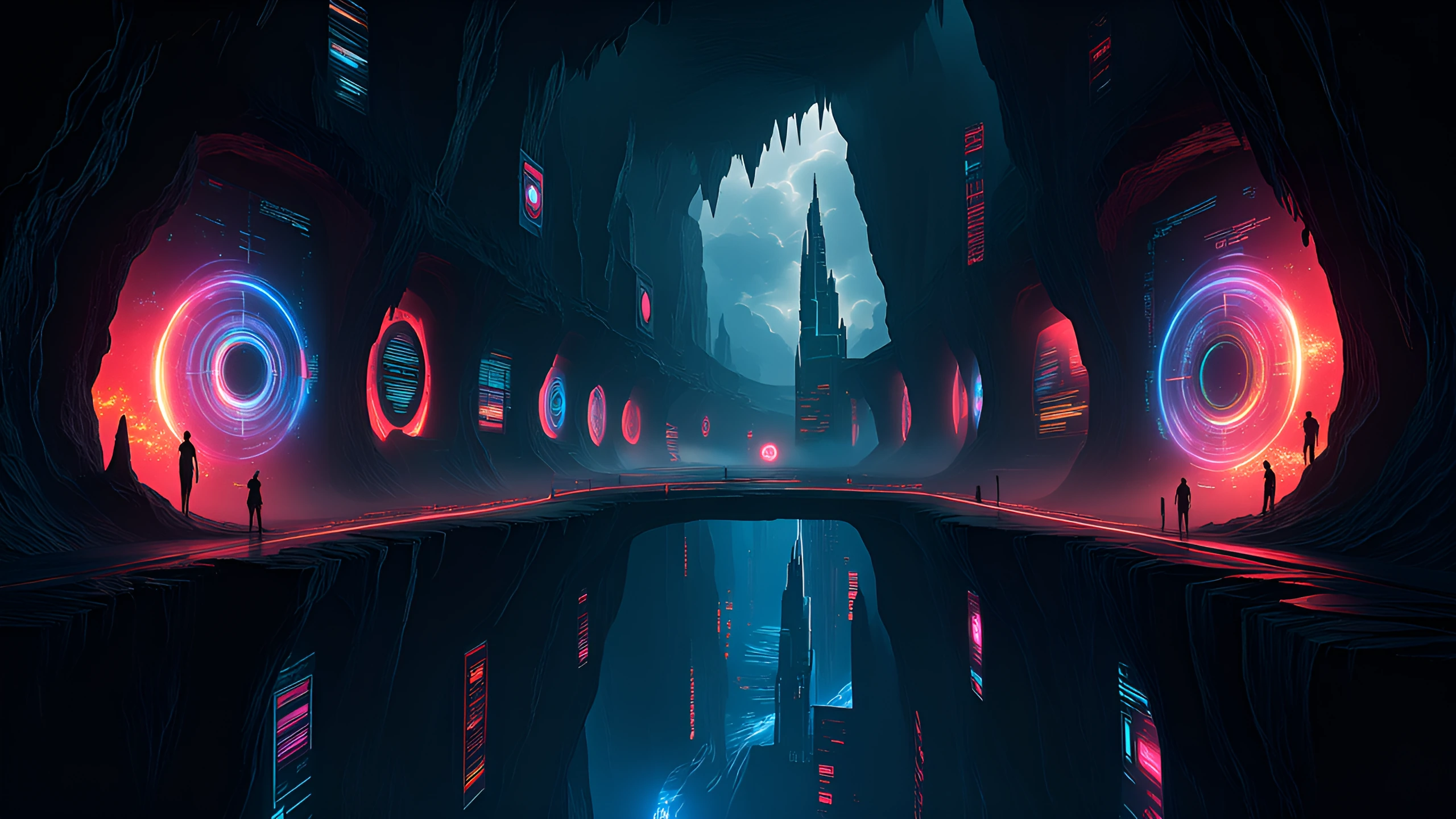 Neon-drenched mountain metropolis carved into towering cliff faces, cyberpunk architecture fused with natural stone, vibrant electric blues and hot pi