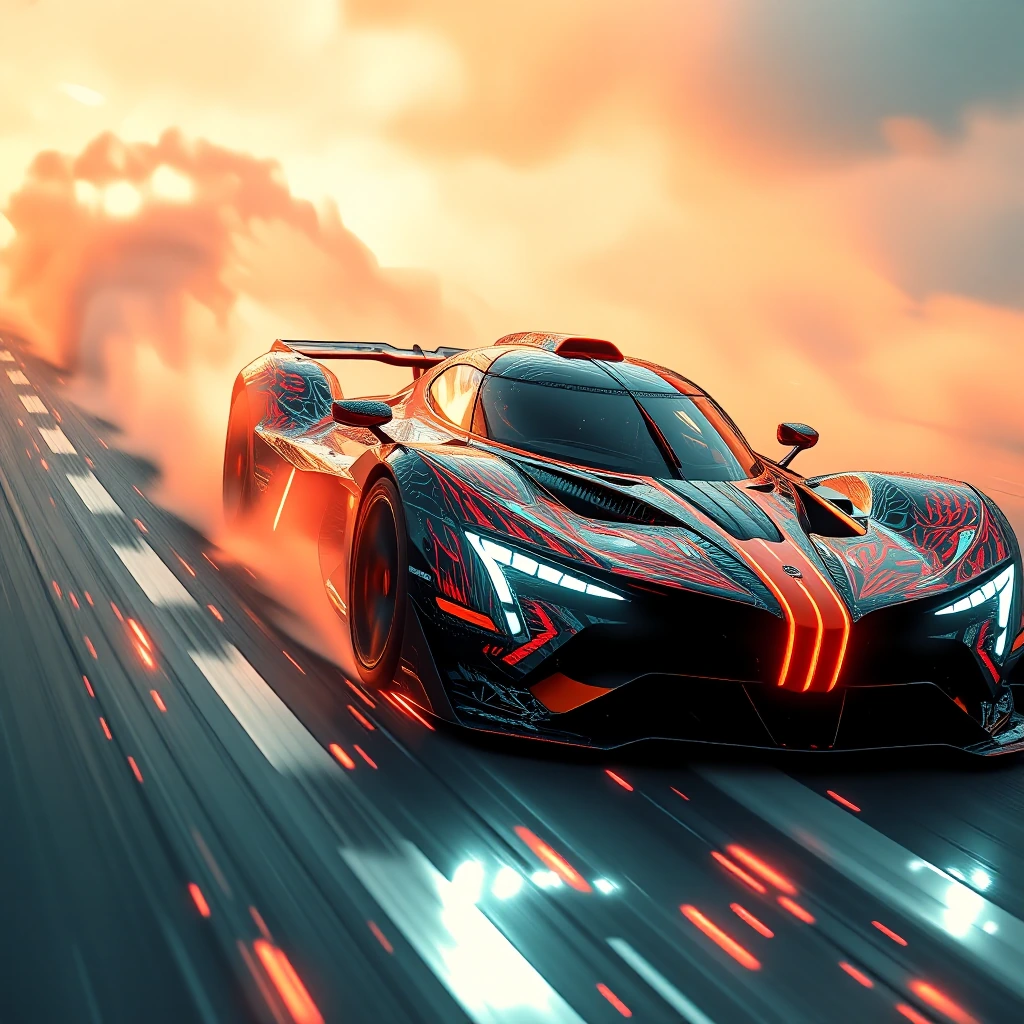 Futuristic racing car leaving a plasma trial in its wake as it scythes through the air