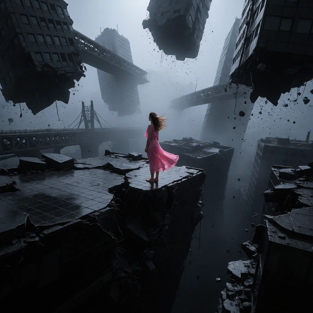 Cinematic digital matte painting with realistic rendering, atmospheric depth, and controlled dramatic lighting. Wide-angle composition showing a large разрушed environment with a single figure near the center. Dark palette dominated by black, gray, a