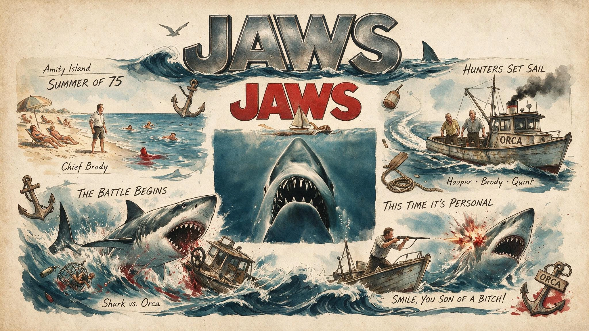 As a Montage please summarize the Movie Jaws