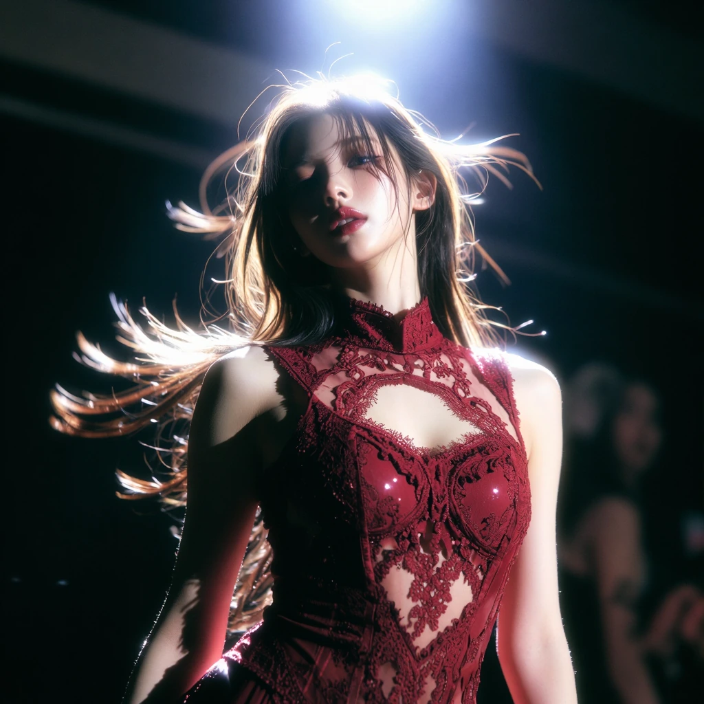 An upper-body performance portrait of a K-pop idol wearing a deep red lace dress with sheer cutouts across the chest and shoulders, layered with subtle sequins catching the light. Her posture is bold—shoulders back, head tilted slightly, lips parted.