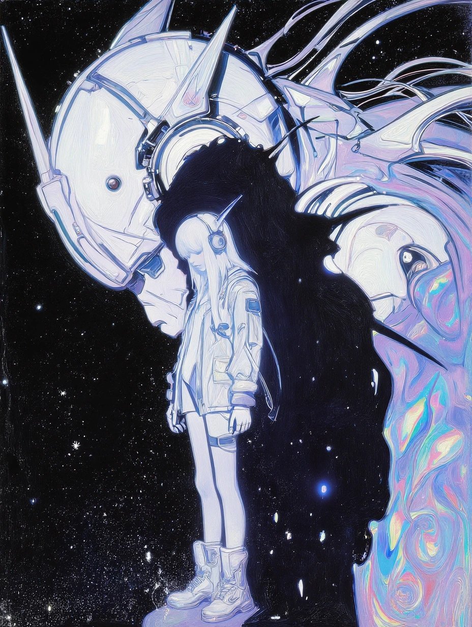 detailed oil painting, full body portrait of an albino young teen female cyberpunk pilot standing in front of er giant mecha, innocent, white skin, pa