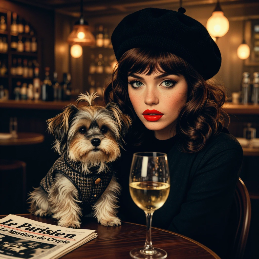 A close-up cinematic portrait of a stylish young woman, wearing a black woollen beret and dark clothing, posing with her small dog with a fluffy coat in a cosy, dimly lit Parisian bar. The woman has wavy brown hair with a fringe and is wearing bright