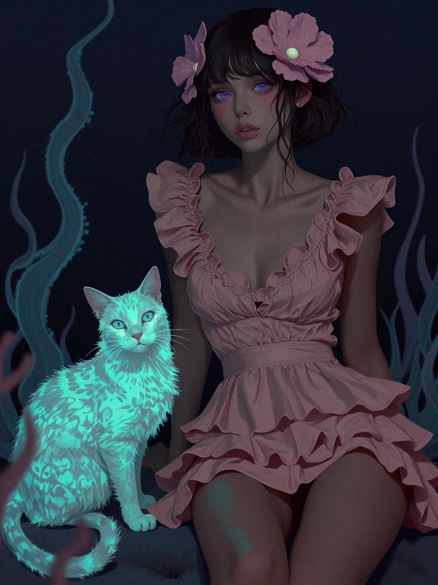 Woman in a frilly dusty rose minidress and flowers, lavender eyes. Cat nearby, All neon