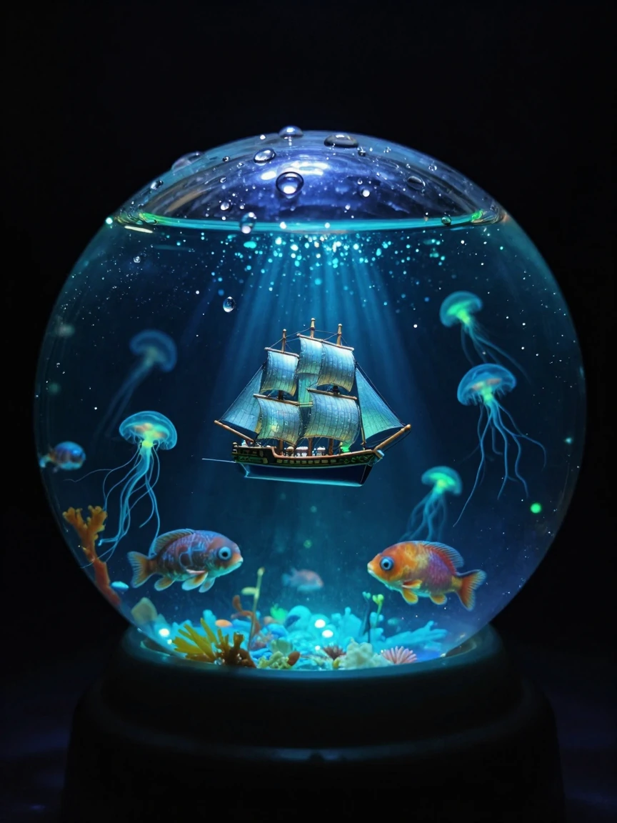 Miniature glass sphere containing a complete ocean ecosystem suspended in darkness—swirling water with bioluminescent plankton trails, a tiny sailing ship caught mid-voyage, scaled sea creatures visible through the translucent sphere, all illuminated