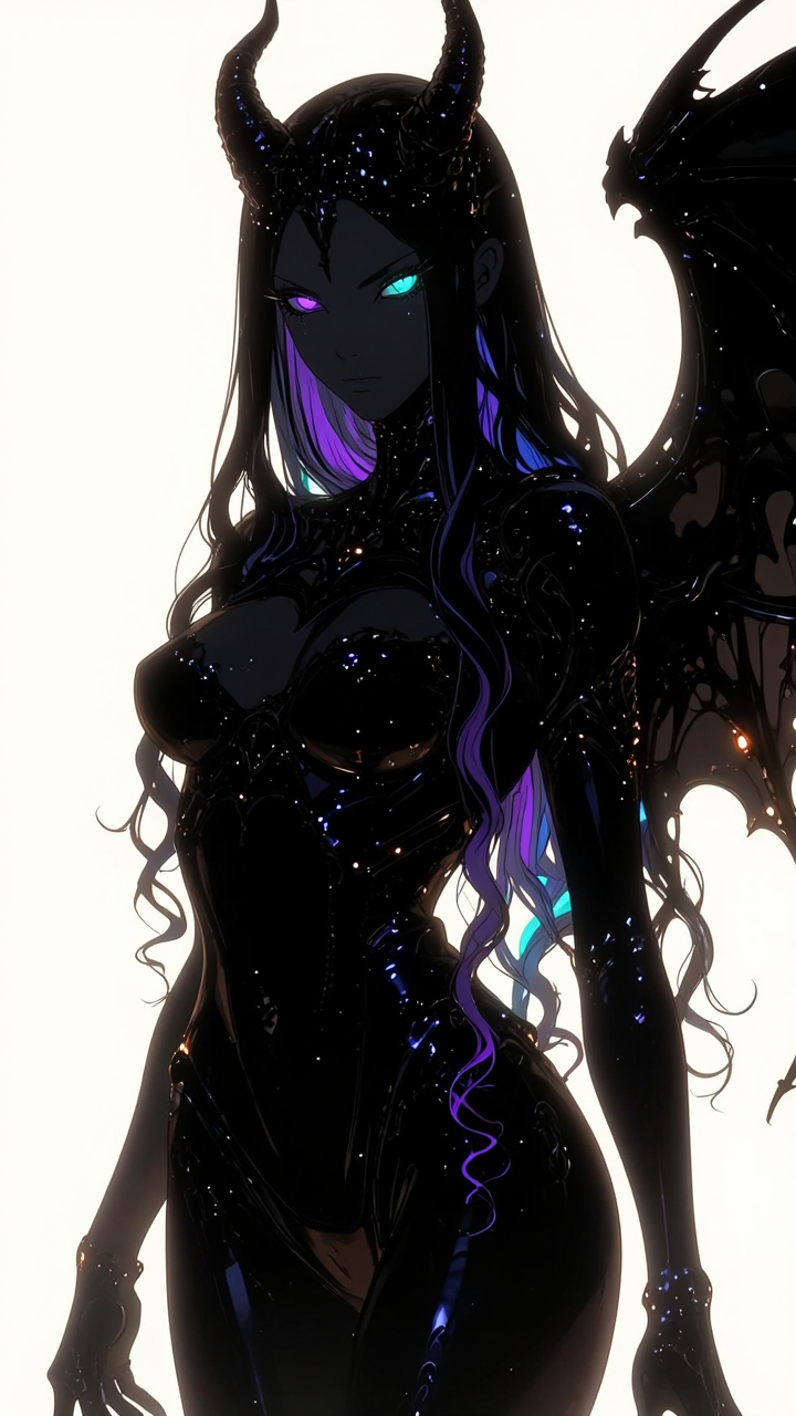 High contrast black silhouette on a stark white background. Rory Phoenix as a female humanoid made entirely of dense black wavering haze. Completely b