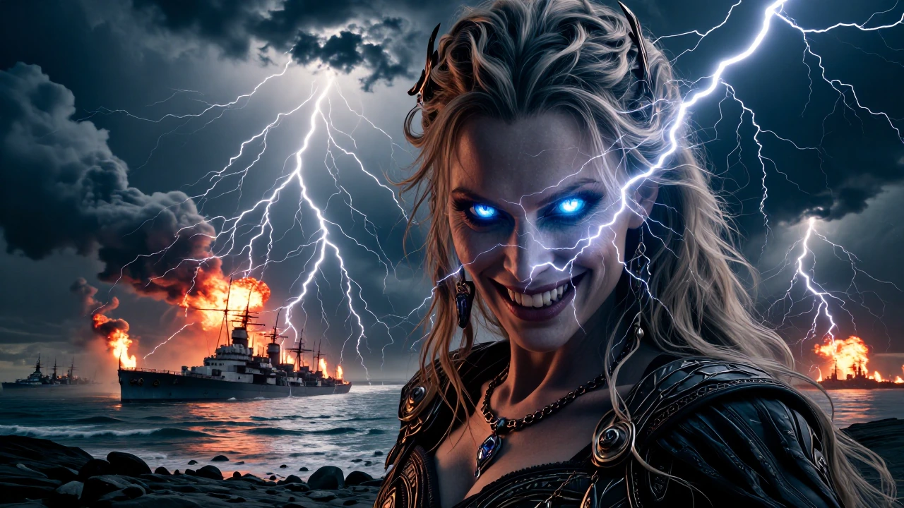 Photorealistic Close up of an Occultist Thule Society Woman with a sinister Germanic aspect and ash-blonde Rapunzel hair, her blue eyes are shot through with lightning bolts, her mouth twisted into a sadistic smile. She is standing upon a French Coas