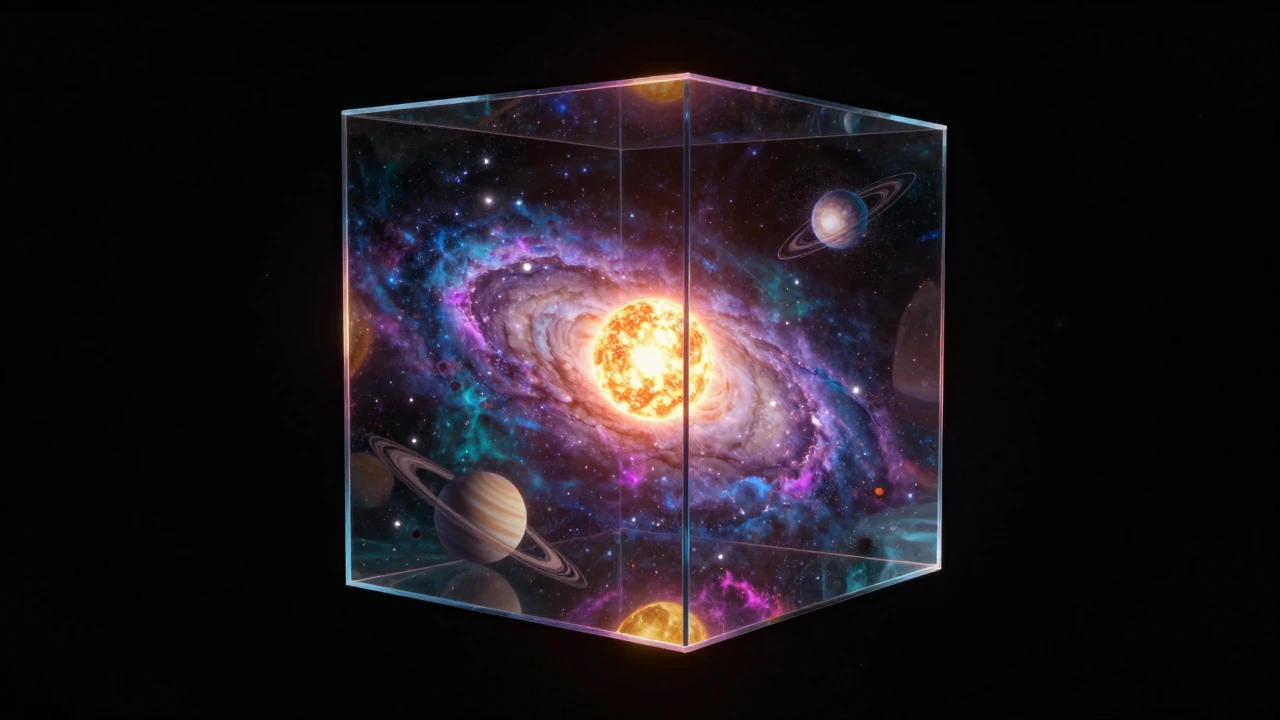 Floating in the absolute void of infinite black space, a perfectly transparent glass cube hovers in sharp focus, its crystalline walls catching no light from outside — because outside holds nothing, pure emptiness, total vacuum darkness. Inside the c