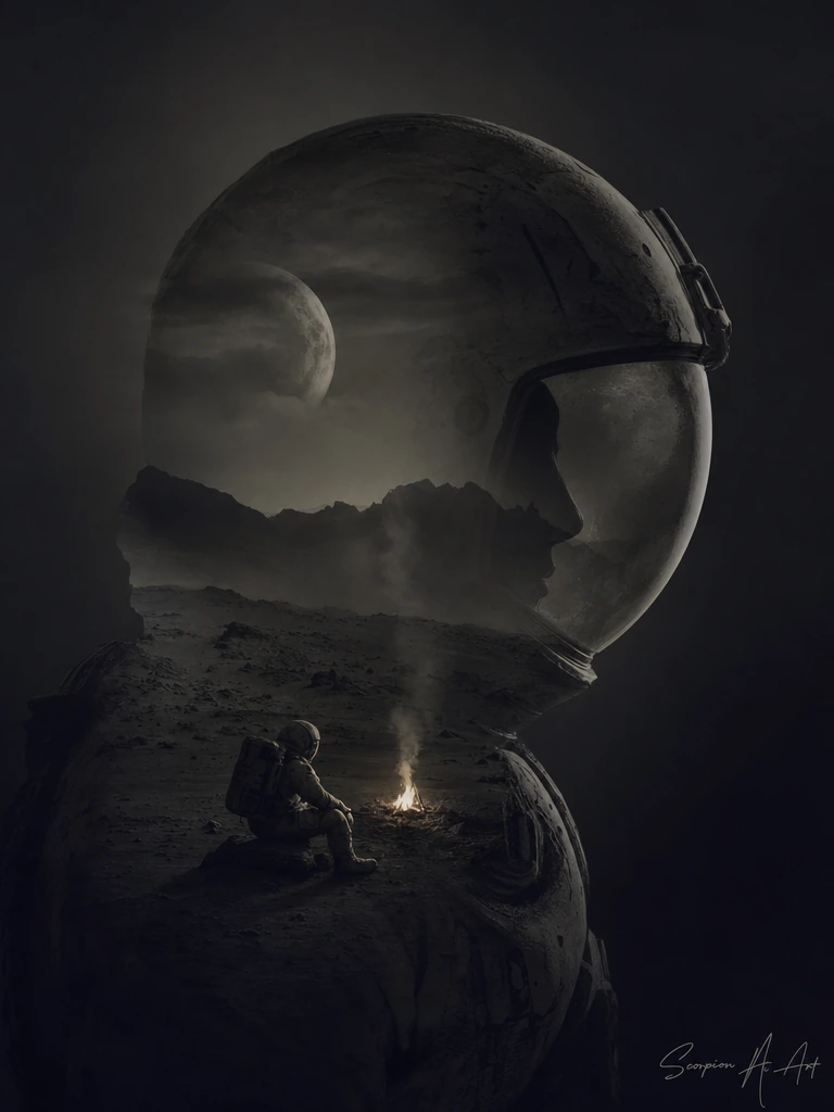 an astronaut's first campfire on a new world, on wolf’s moon, double exposure Add signature: Scorpion Ai Art