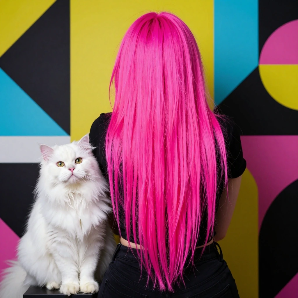 A striking woman with neon fluorescent pink hair cascading down her back, sitting with a white fluffy Persian cat, shot in high-contrast pop art style against a bold geometric background