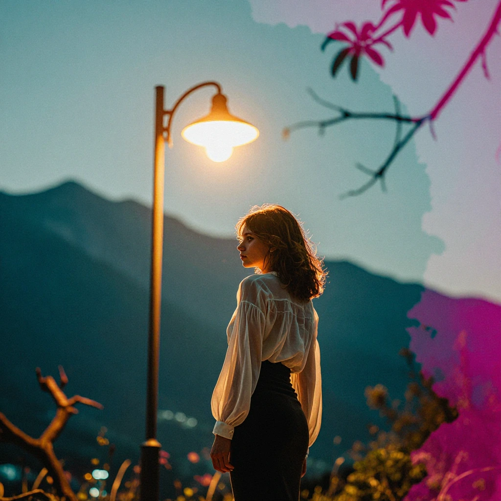 Young woman illuminated by a solitary streetlamp at golden hour, sheer blouse ethereally backlit, form-fitting skirt creating clean lines, tousled bedhead hair, multiple exposure technique merging her silhouette with dramatic mountain range and twist