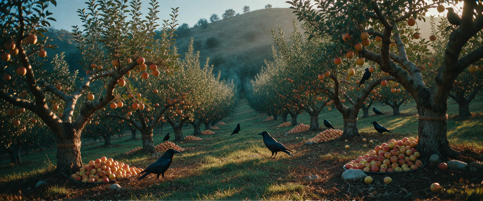 Cinematic wide shot of an old hillside apple orchard at late afternoon, long uneven rows of gnarled trees facing west, short worn grass between the tr