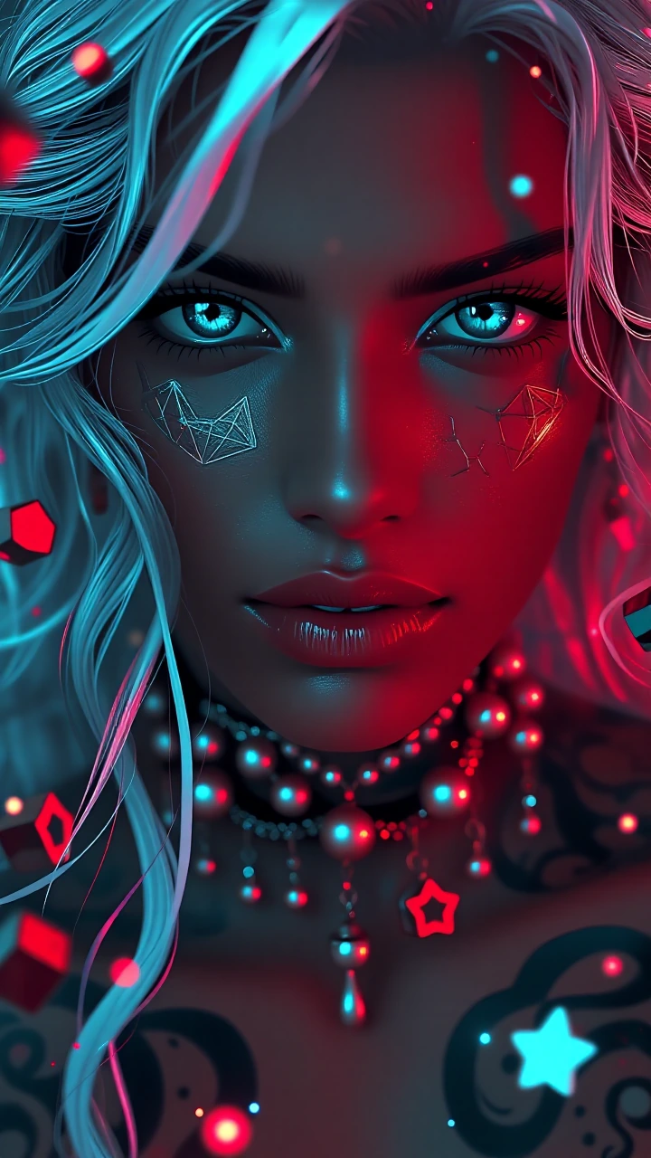 A seductive dreamcore portrait of a woman with deep mahogany skin and silverwhite hair flowing like mercury over her bare shoulders, her eyes piercing cyan with heavylidded, hypnotic stare. Glossy winered lips part softly, a single opalescent tear fr